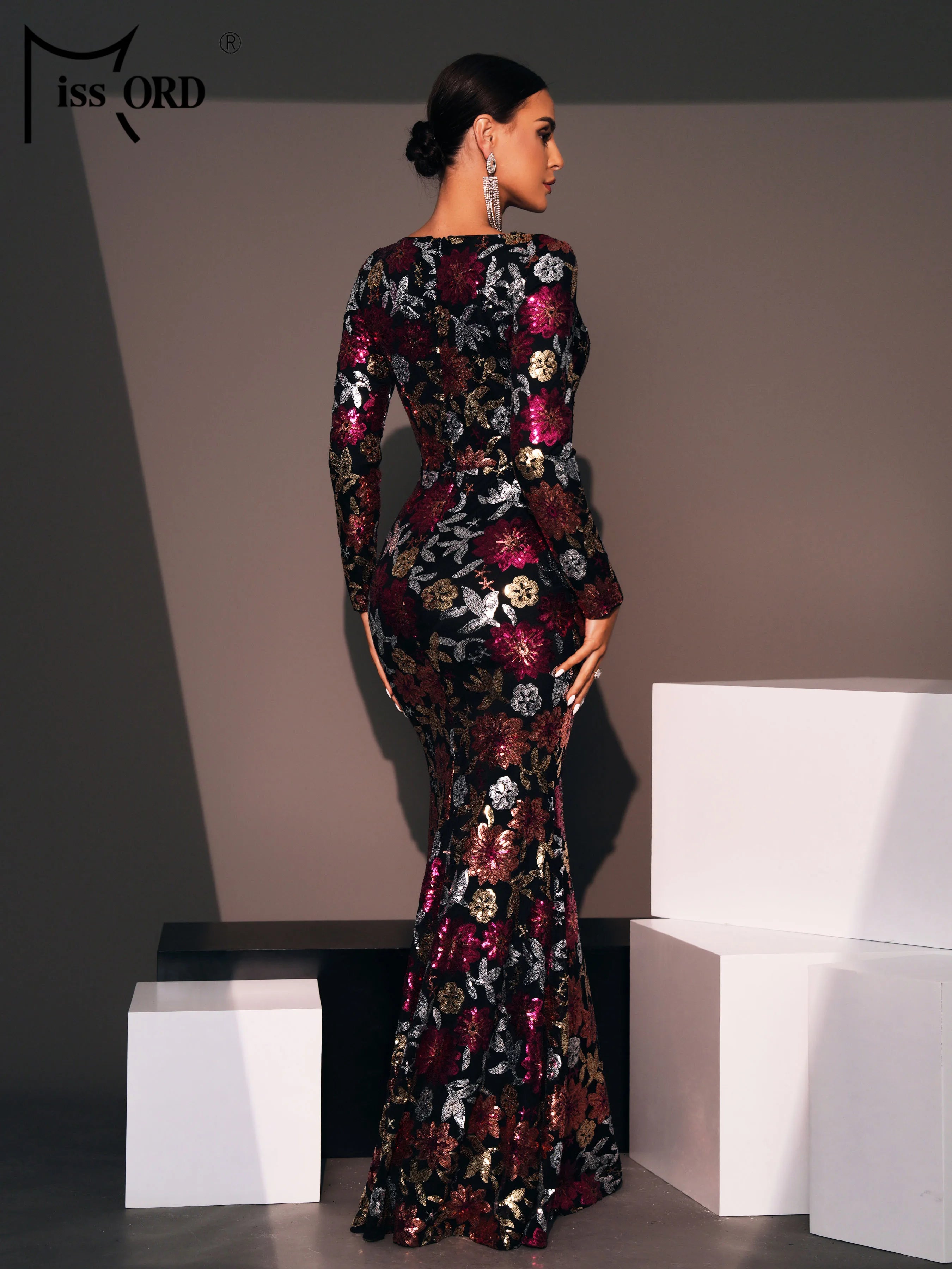 FZ Women's New Round Neck Floral Sequin Mermaid Cocktail Evening Dress