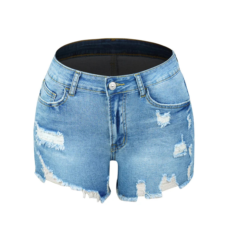 FZ Women's Elastic High Waist Cool  Hole Street Denim Shorts