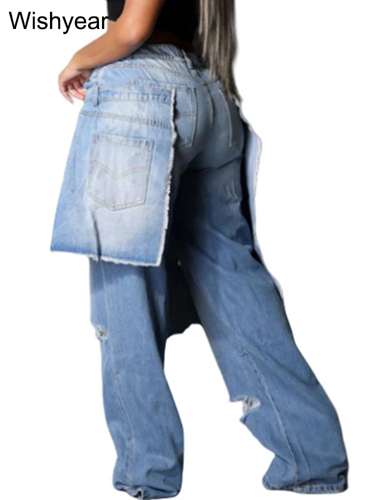 FZ Women's Apron Perforated Straight Wide Leg Streetwear Stretch Denim Pants