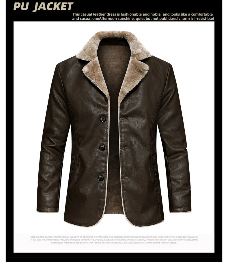 FZ Men's Turn-down Collar Single-breasted Faux Leather Jacket