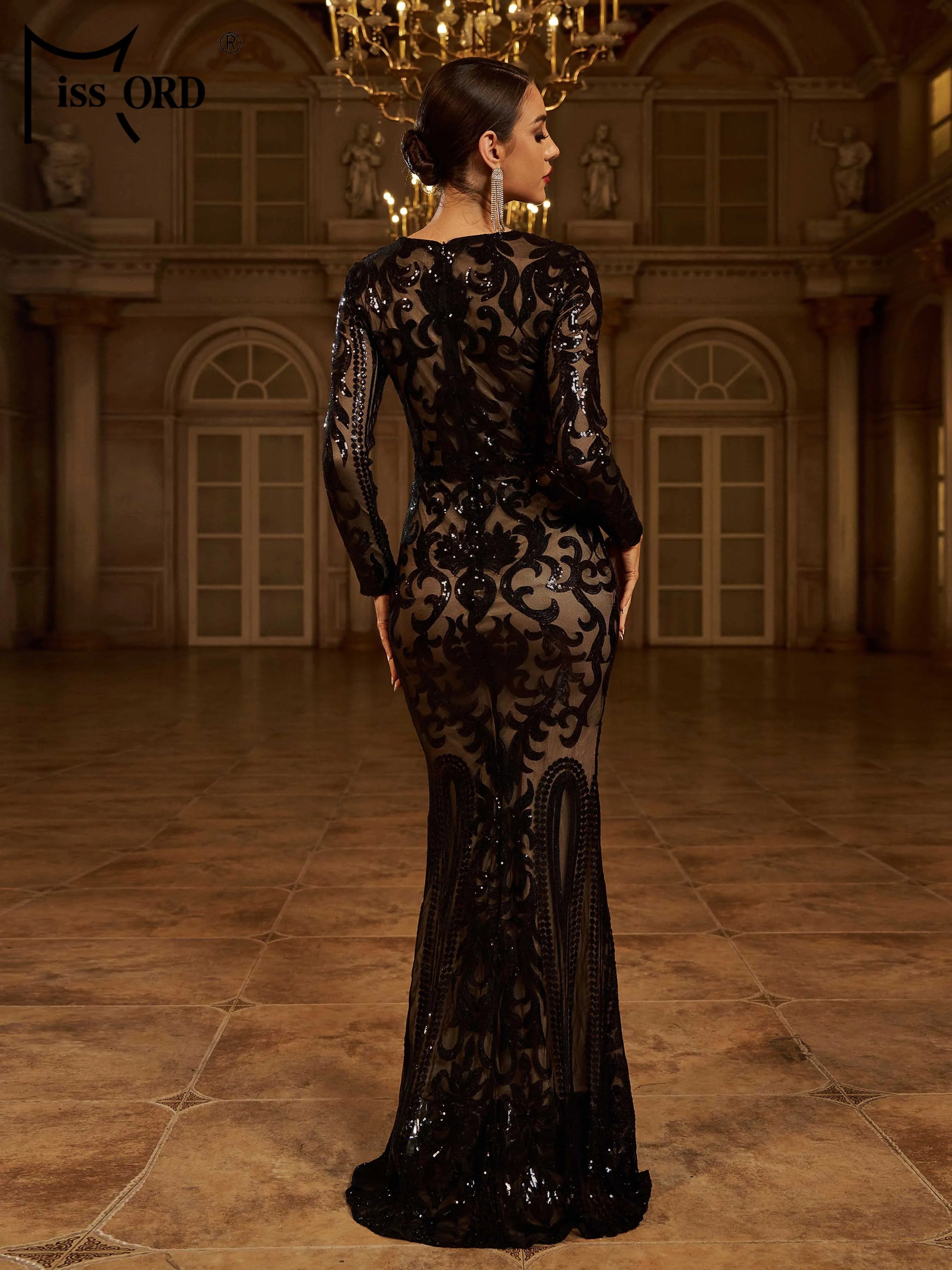 FZ Women's Round Neck Long Sleeved Sequin Mermaid Maxi Evening Dress