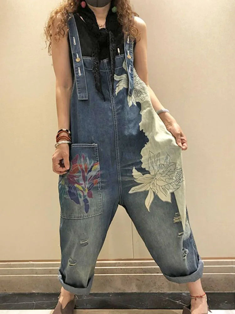 FZ Women's Fashion Printed Denim Vintage Loose Jumpsuit - FZwear