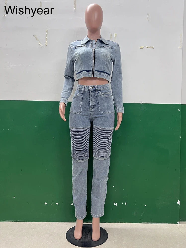 FZ Women's Blue Long Sleeve Ruched Patchwork 2 Piece Pencil Denim Pants Suit