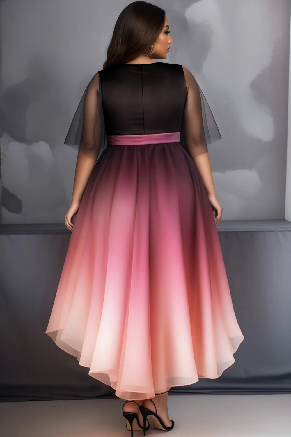 FZ Women's Plus Size Gradient V Neck Short Sleeve Asymmetric Hem Chiffon Midi Dress