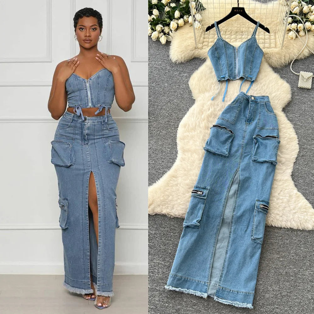 FZ Women's Sling Strapless A Line High Waist Two Piece Denim Skirt Suit