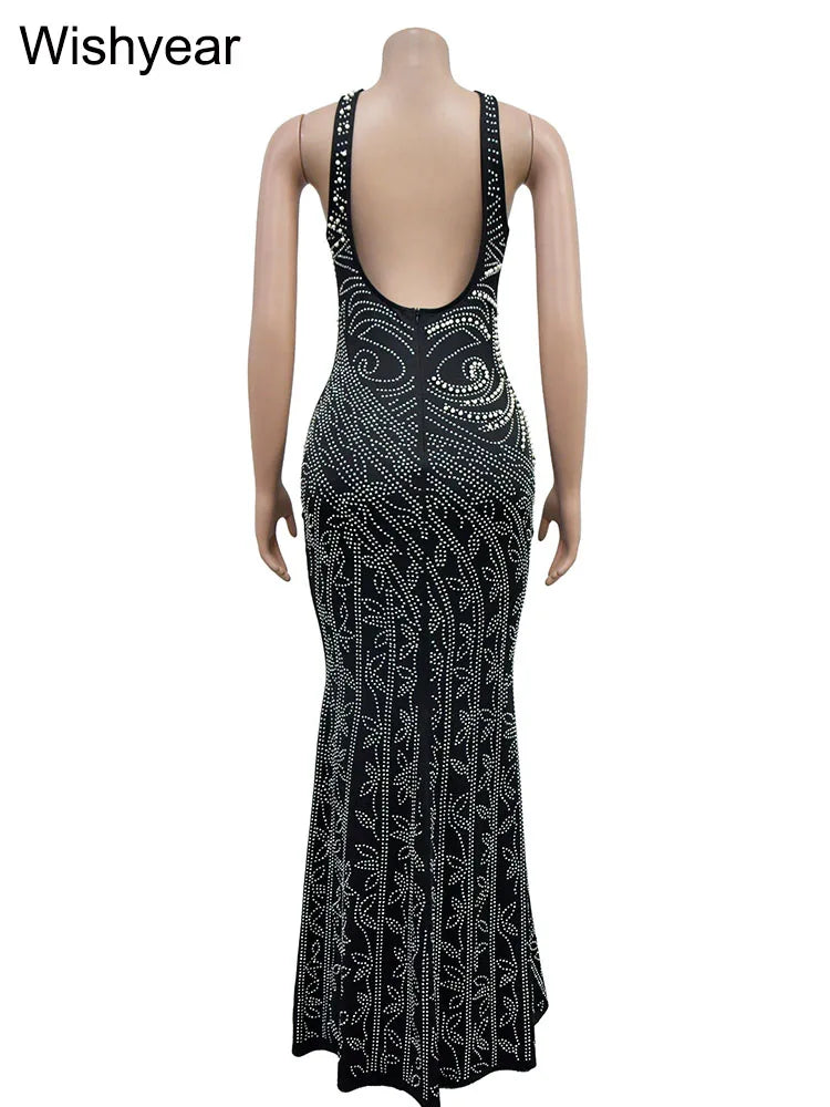 FZ Women's Luxury Rhinestone Mesh Slit Backless Maxi Evening Dress - FZwear