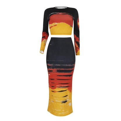 FZ Women's Sexy Long Skinny Tie Dye Print Two Piece Skirt Suit