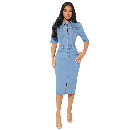 FZ Women's Short Sleeve Elastic Buttons Jeans Mid Length Denim Dress - FZwear