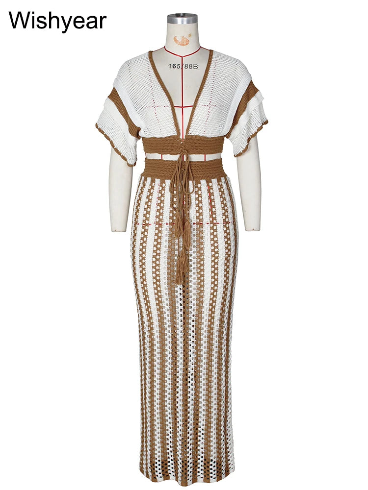 FZ Women's Elegant Knitted Crochet Swimsuit Black Stripe Two 2 Pieces Suit