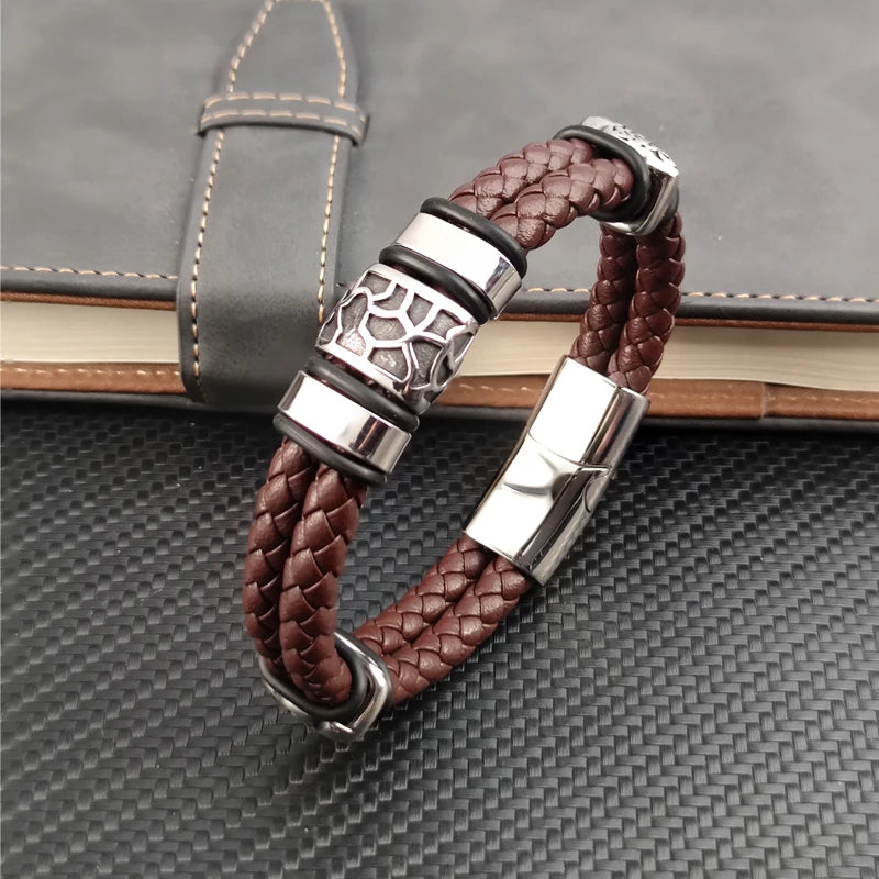FZ Men's Stainless Steel Irregularly Cracked Genuine Braided Leather Bracelet