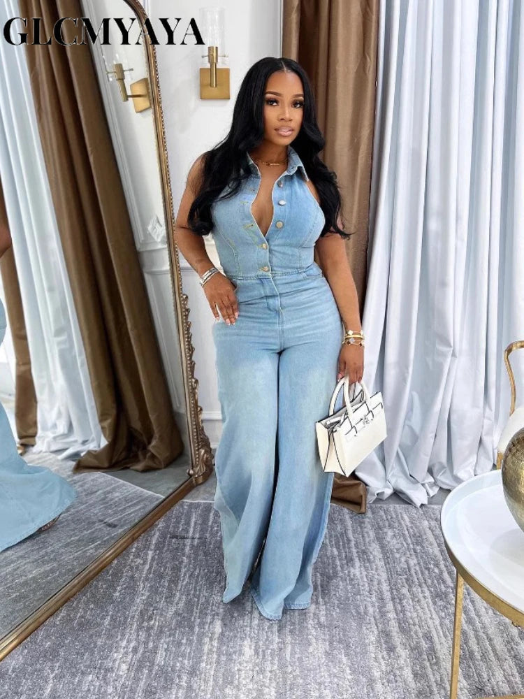 FZ Women's Sleeveless Single Breasted Wide Leg  Denim Jumpsuit