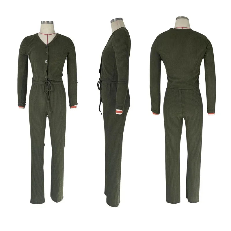 FZ Women's Solid Ribbed Knitted Long Sleeve Button 2 Piece Sets Pants Suit
