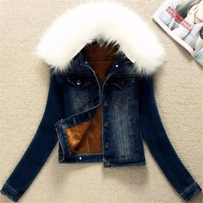 FZ Women's Big Fur Collar Short Coat Thicken Velvet Liner Fleece Denim Jacket