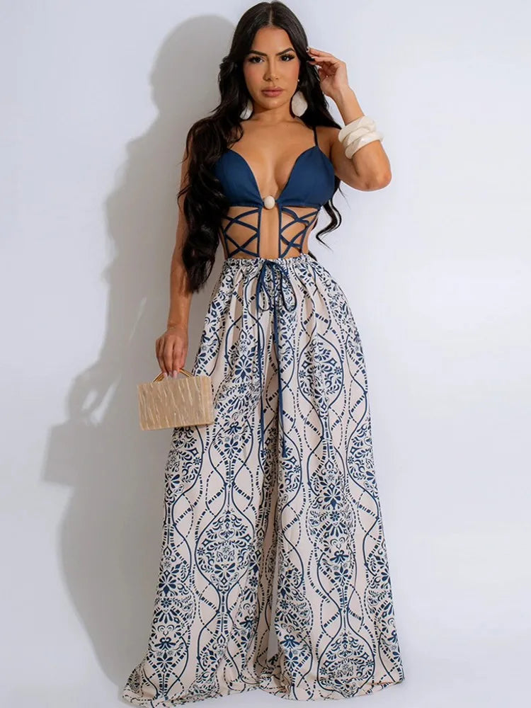 FZ Women's Sleeveless Bandage Wide Leg Print Stripe Jumpsuit DSers