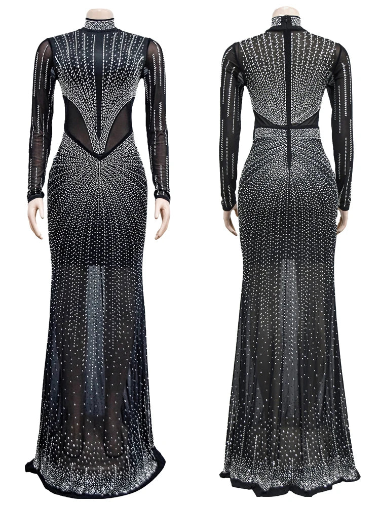 FZ Women's Rhinestone Floor Length Sexy See Through Evening Dress - FZwear