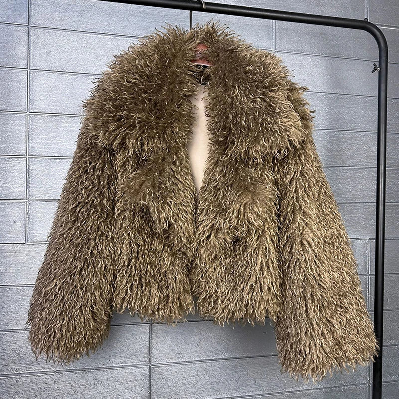 FZ Women's Notched Collar Fuzzy Faux Fur Short Coat Jacket