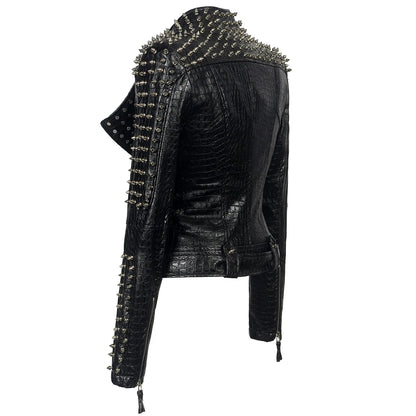 FZ Women's Steampunk Rock Rivet Slim Gothic Embroidery PU Leather Jacket - FZwear