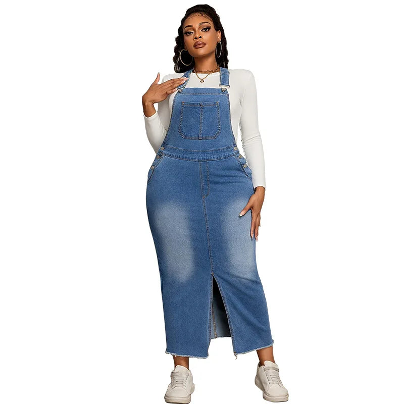 FZ Women's Plus Size Loose Street Style Halter Back Maxi Denim Dress