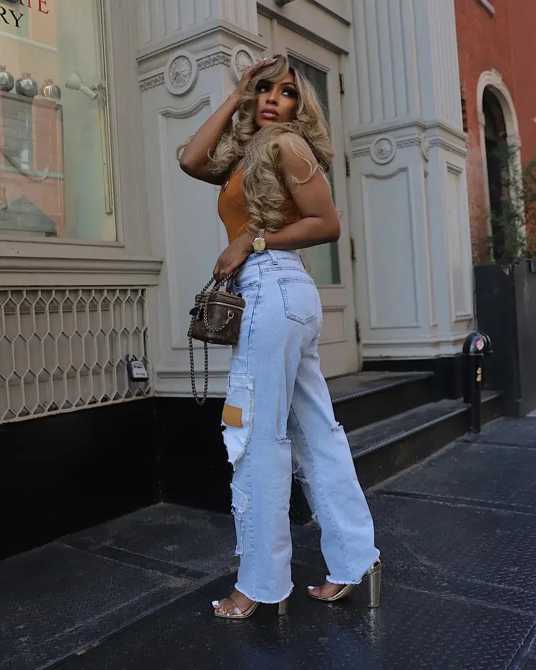 FZ Women's Streetwear Cargo Straight Pocket Patchwork Wide Leg Denim Pants