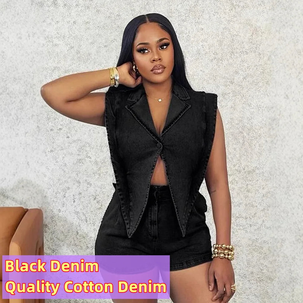 FZ Women's Lapel Sleeveless Hollow Button One Piece Denim Jumpsuit