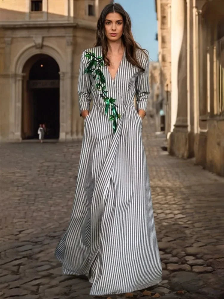 FZ Women's Striped  A-line V Neck Long Sleeve Printed Max Dress