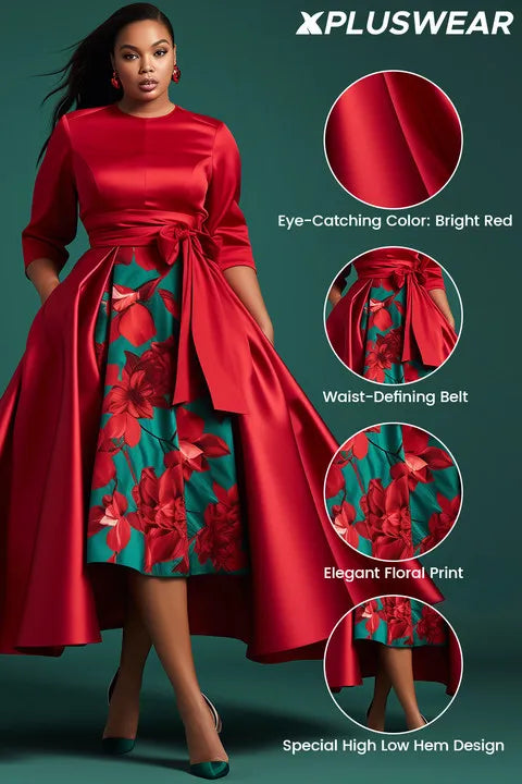 FZ Women's Plus Size Floral Round Neck 3/4 Sleeve Peplum Satin Midi Dress