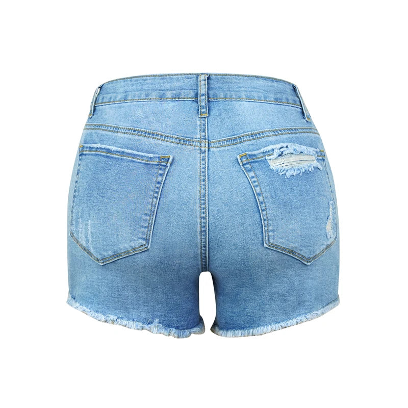 FZ Women's Elastic High Waist Cool  Hole Street Denim Shorts