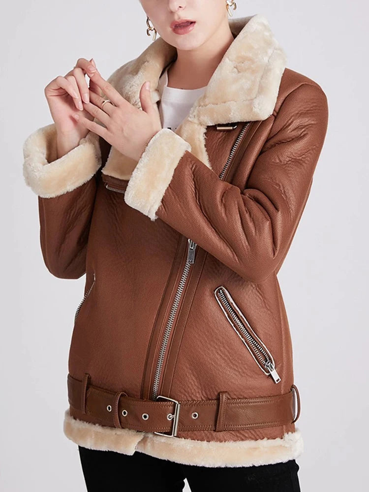 FZ Women's Thick Faux Leather Fur Sheepskin Jacket