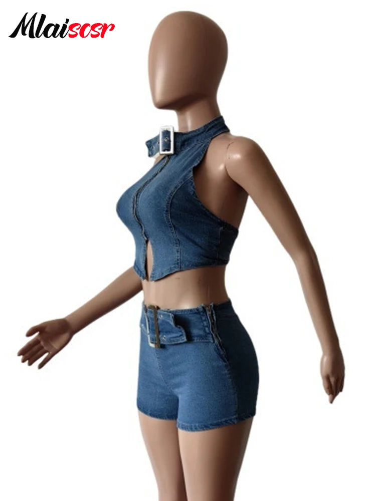 FZ Women's Y2K Cargo Pocket Streetwear 2 Piece Denim Shorts Suit