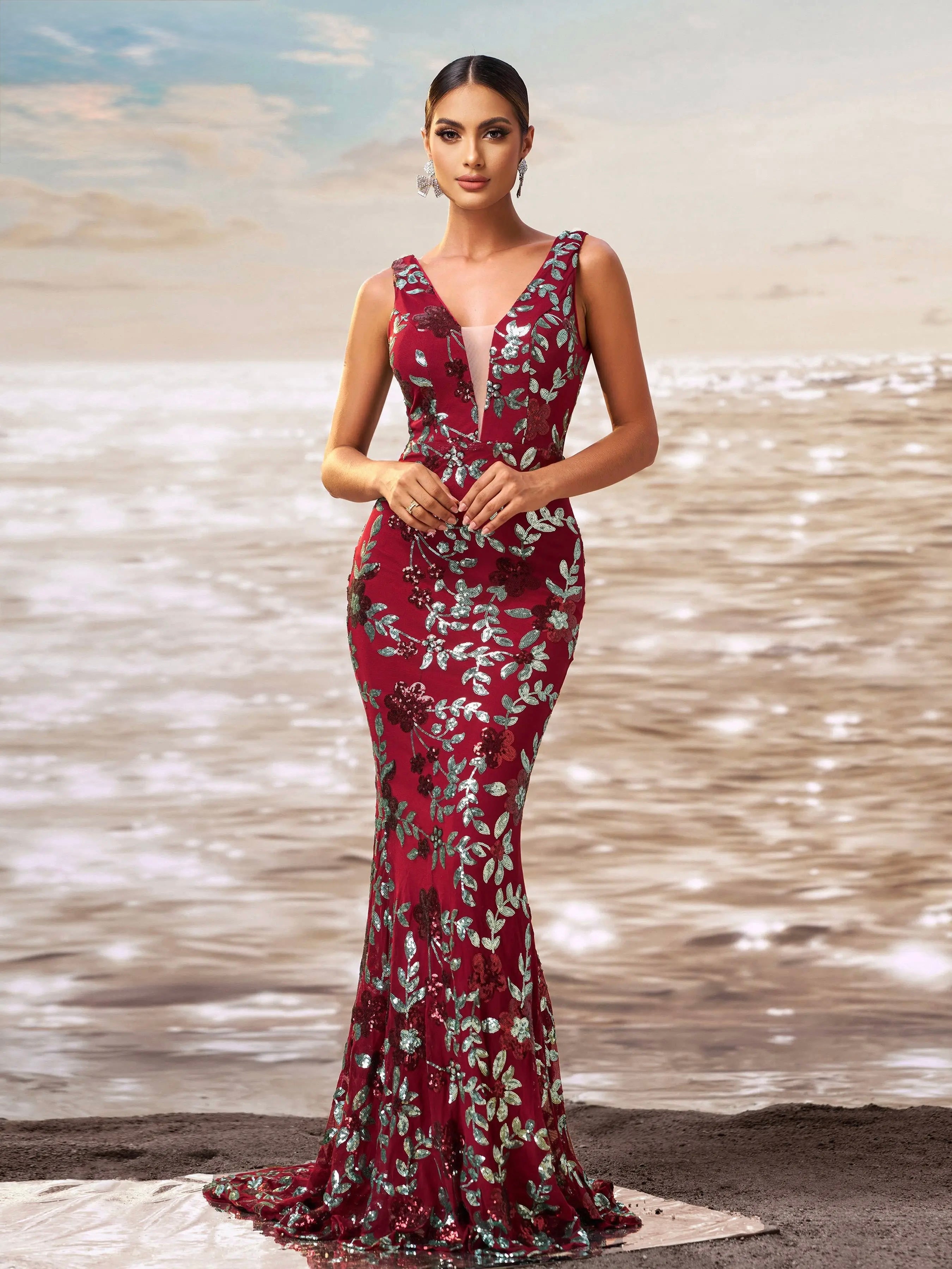 FZ Women's V Neck Sequin Mermaid Cocktail Floor Length Evening Dress