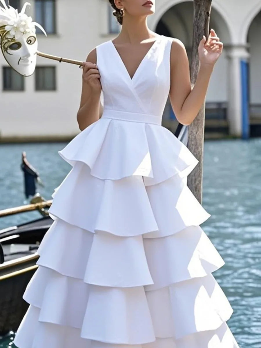 FZ Women's Tiered Sheer  V-neck Sleeveless A-line Pleated Maxi Dress