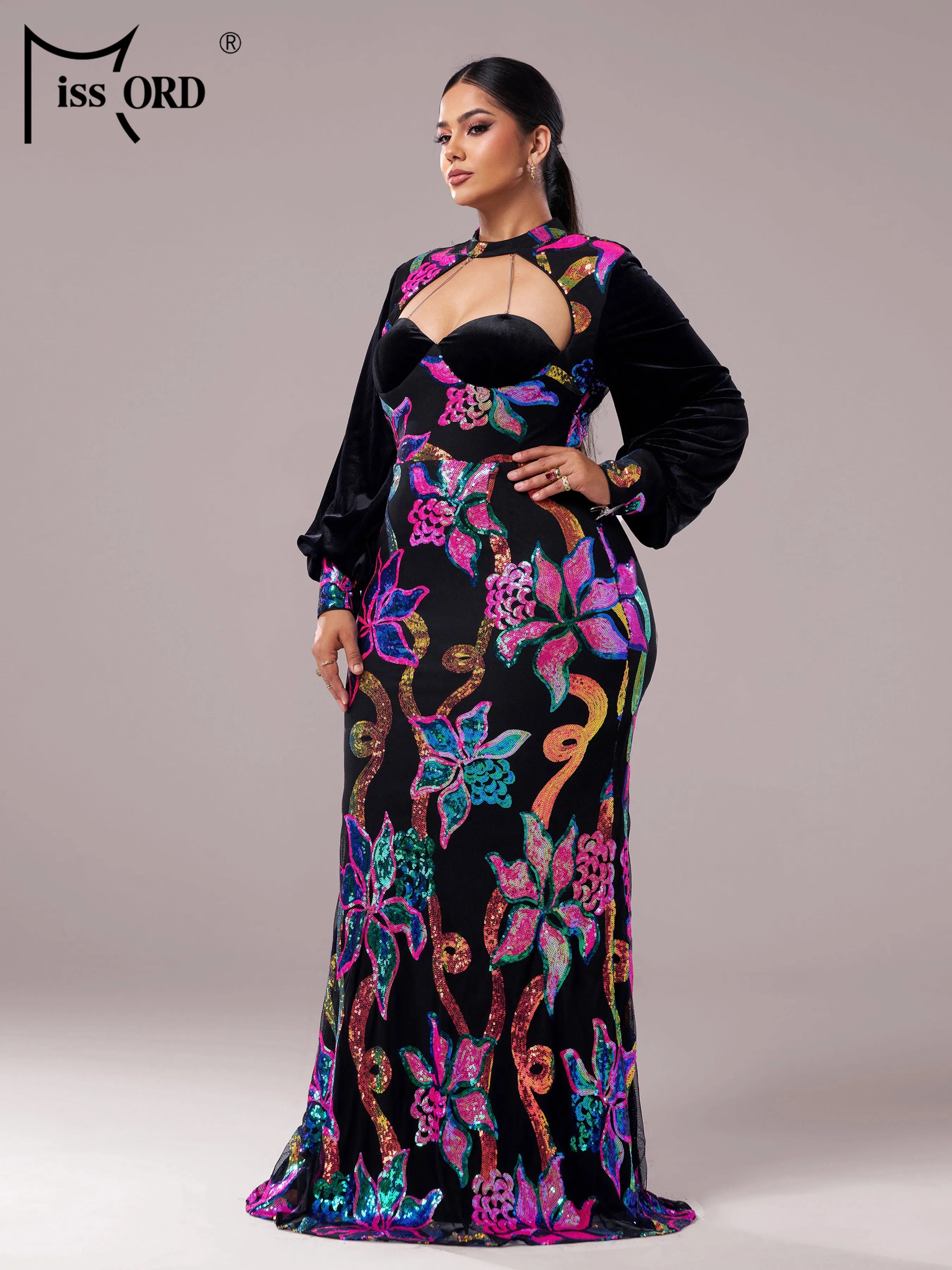 FZ Women's Plus Size Round Neck Lantern Sleeves Floral Sequin Mermaid Evening Dress