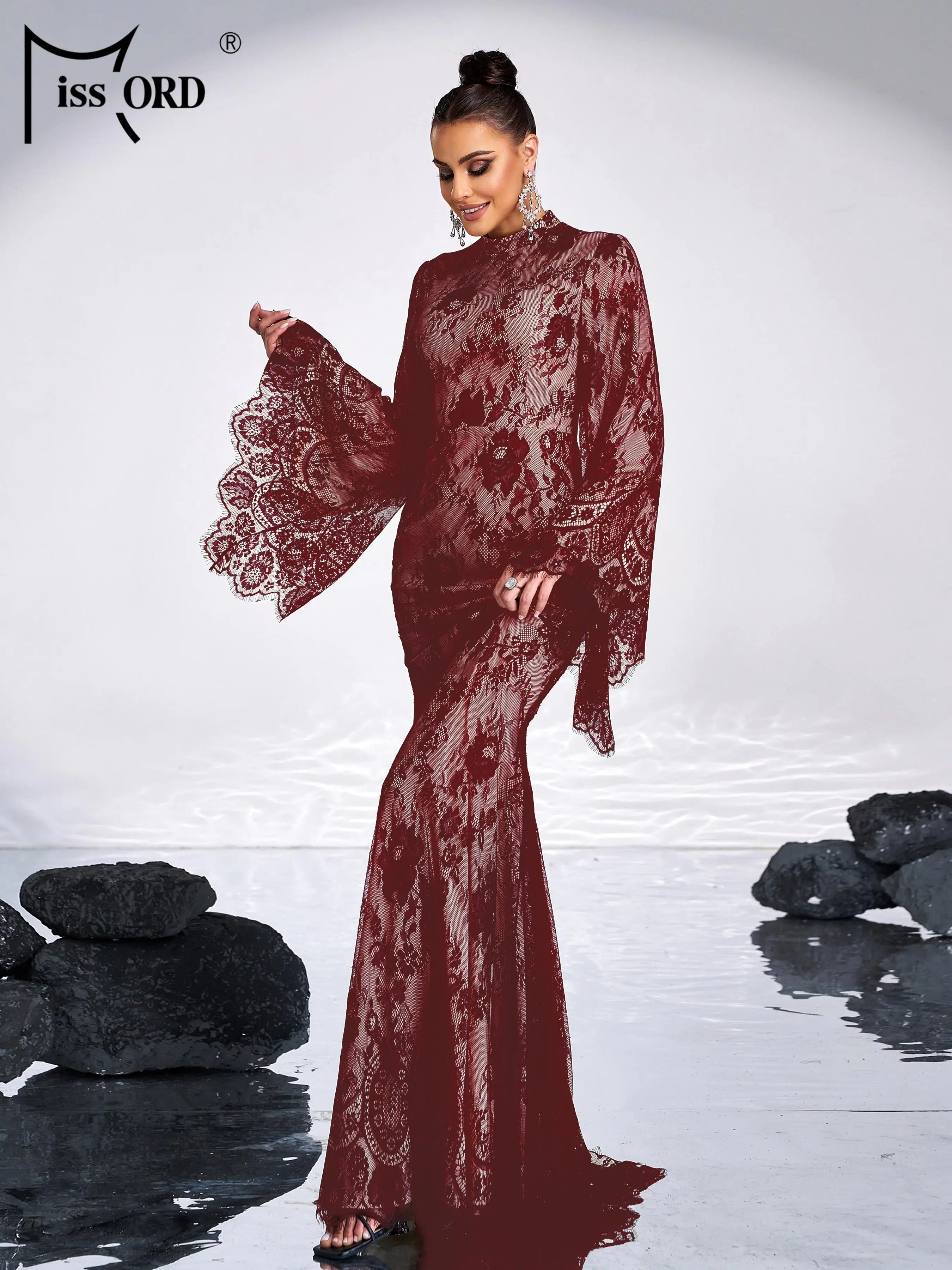 FZ Women's Round Neck Flare Sleeve Tulle Mermaid Cocktail Evening Dress