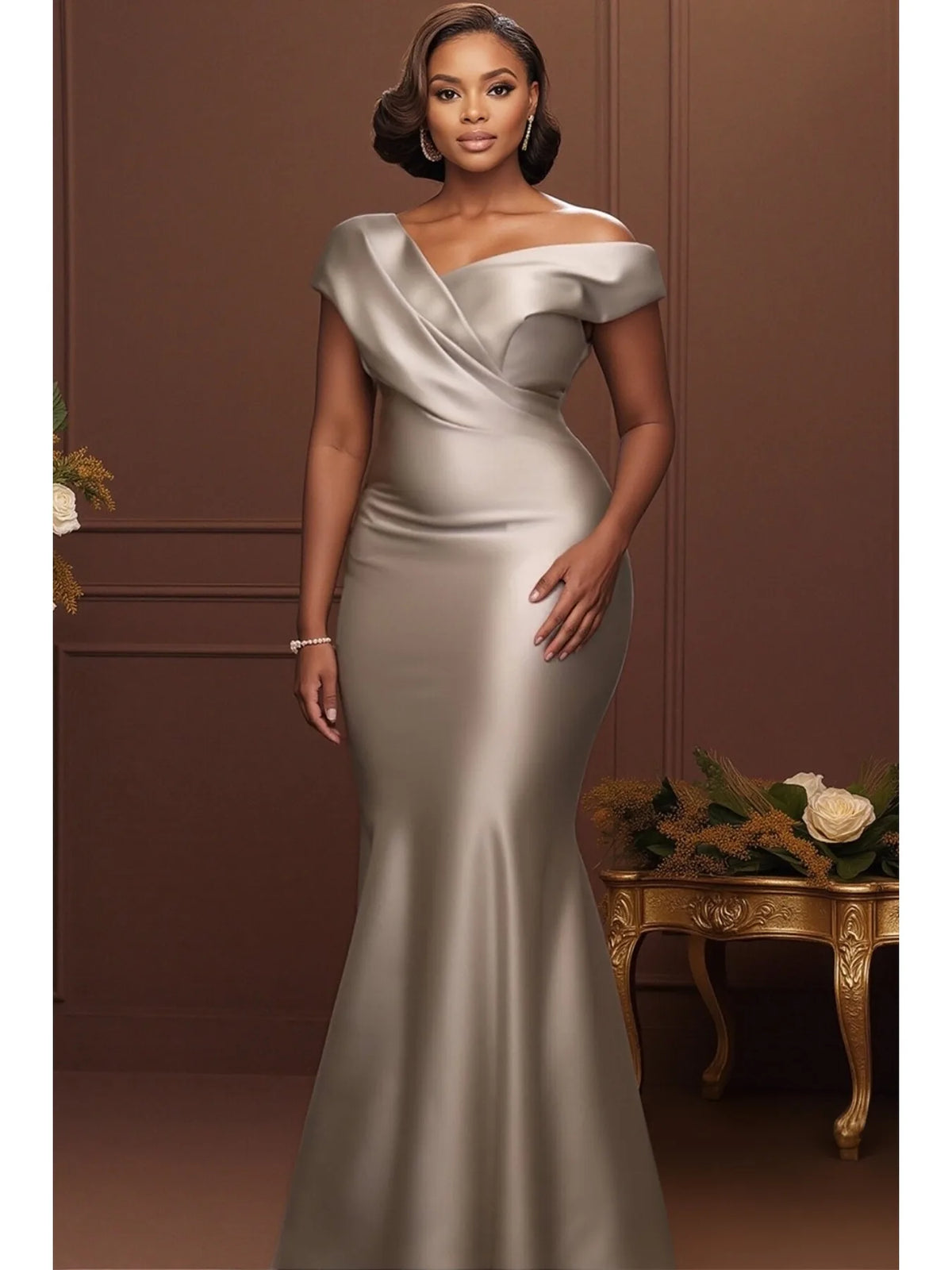 FZ Women's Plus Size Satin Mermaid Draped V Neck Cocktail Evening Dress