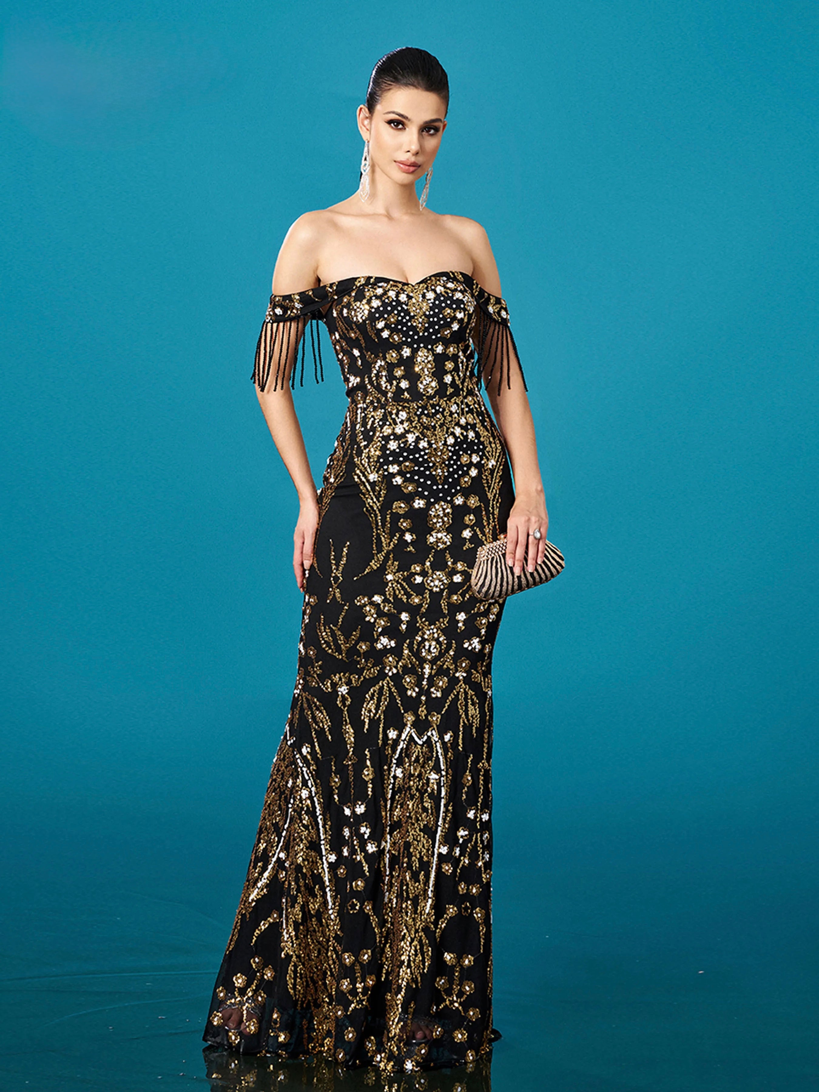 FZ Women's Off Shoulder Sequin Mermaid Floor Length Evening Dress