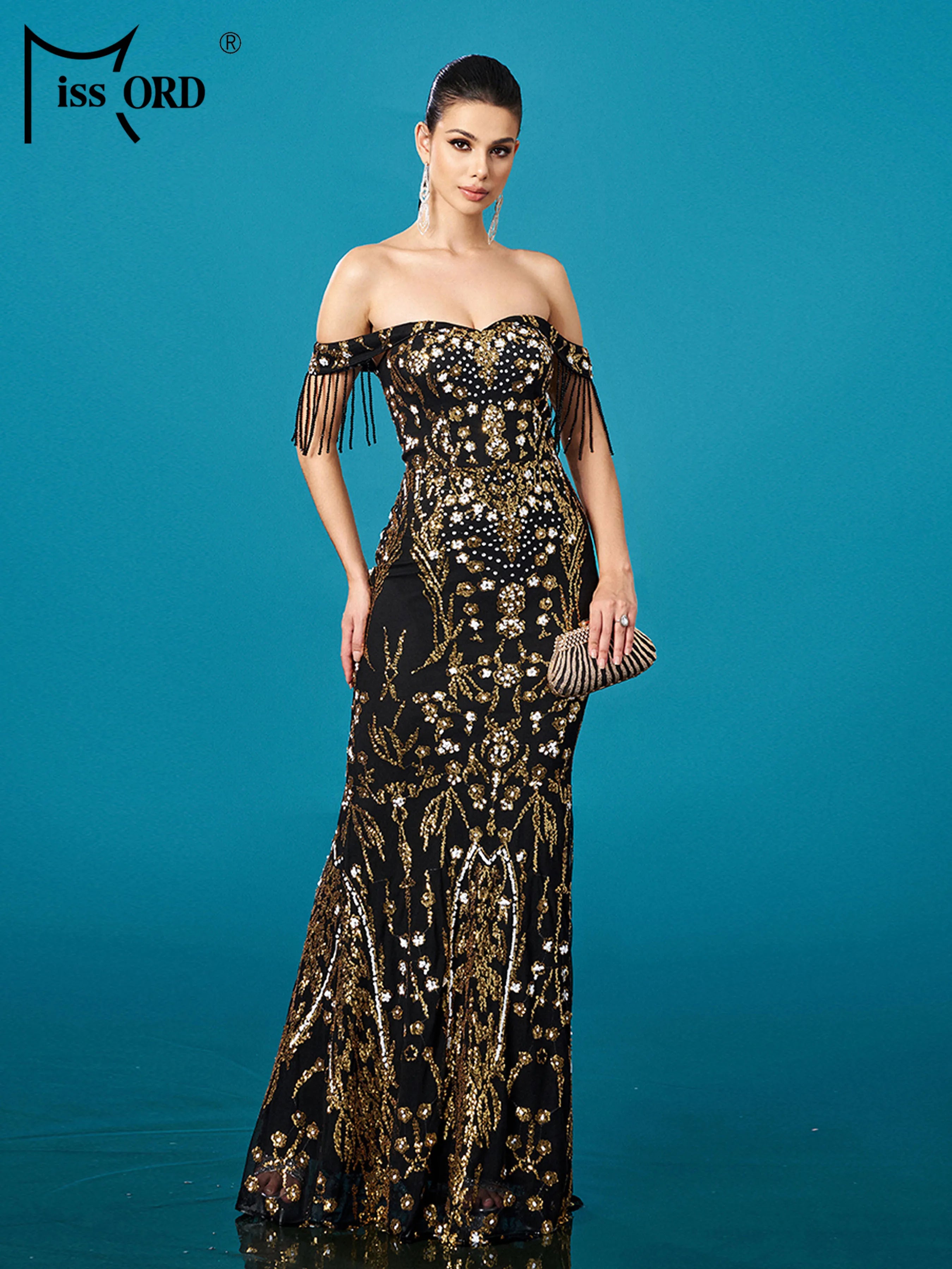 FZ Women's Off Shoulder Sequin Mermaid Floor Length Evening Dress