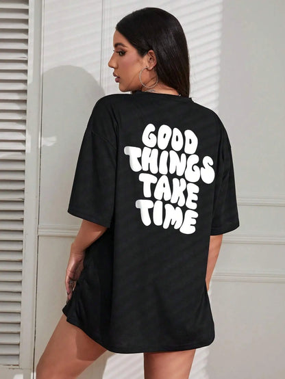 FZ Women's Good Things Take Time Art Letter Oversized Tee