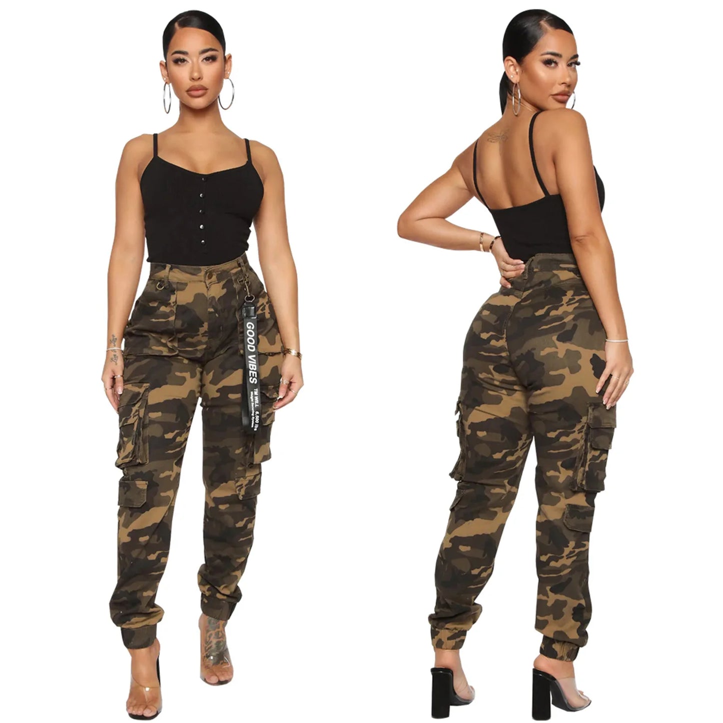 FZ Women's Camouflage Print Streetwear High Waist Side Pockets Cargo Pants