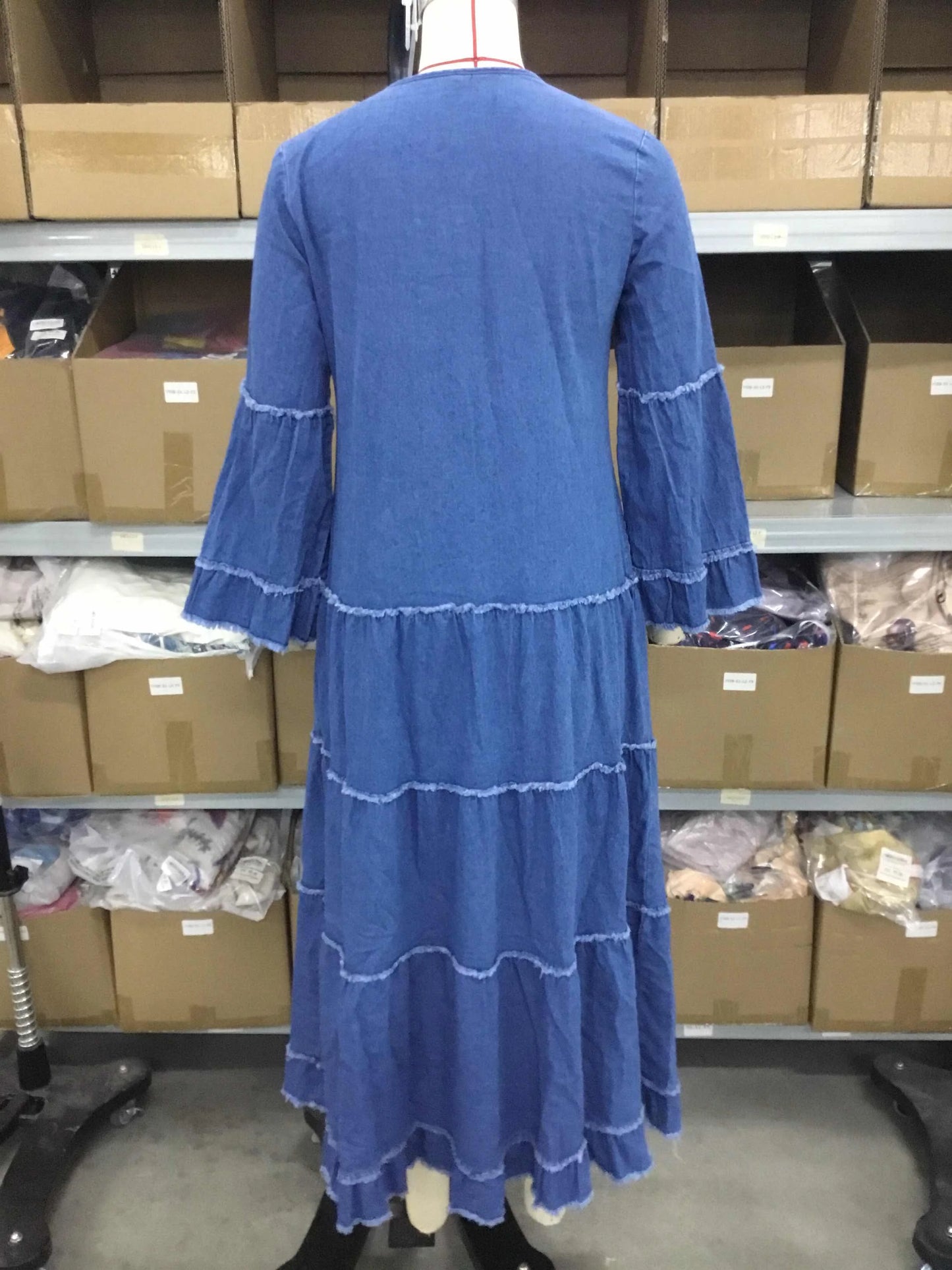 FZ Women's Plus Size  Ruffle Split Tiered Flare Sleeve Maxi Denim Dress DSers