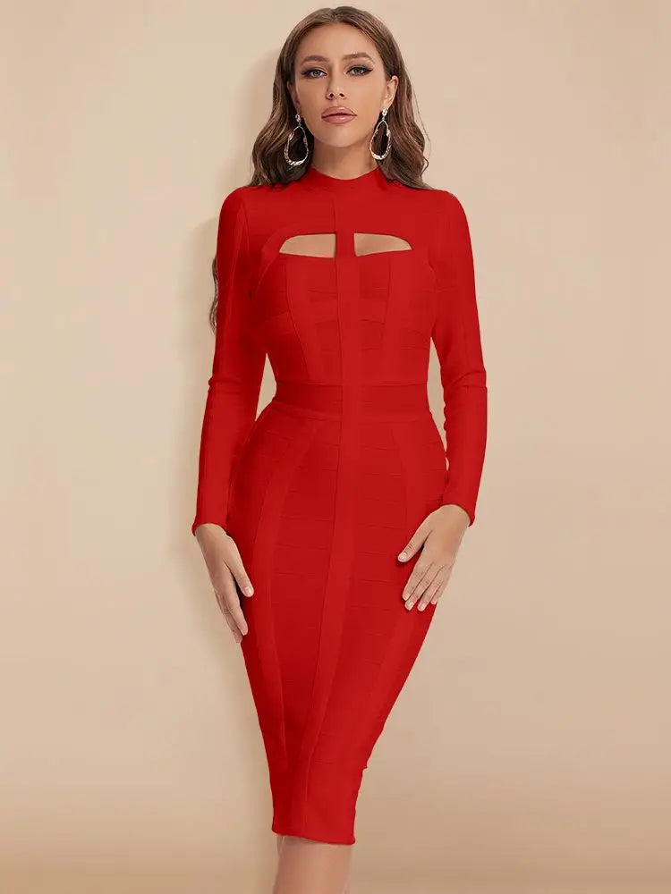 FZ Women's Hollow Out Long Sleeve Cut Out High Neck Dress
