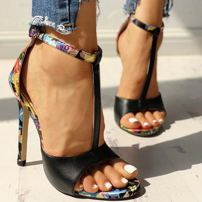 FZ Women's T-strap Floral Print High Heels Open Toe Gladiator Shoes - FZwear