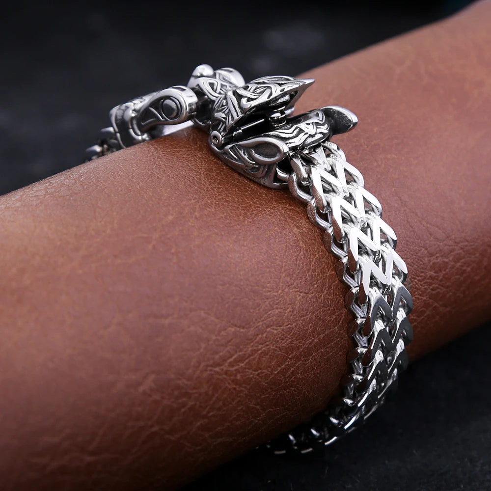 FZ Vintage Viking  Stainless Steel Cool Biker Wolf Head Bracelet