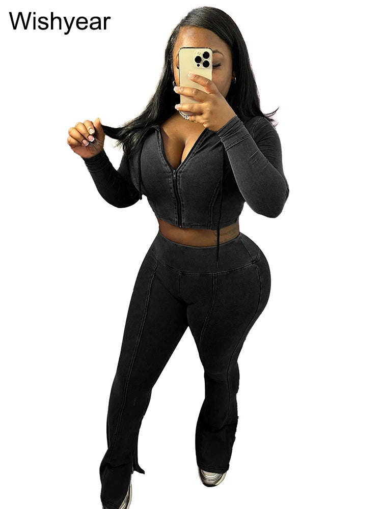 FZ Women's Sportswear Wash Retro Two 2 Piece Flared Pants Suit