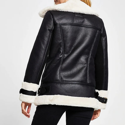 FZ Women's Thick Coat Pu Faux Soft Leather Black White Sheepskin Fur Jacket