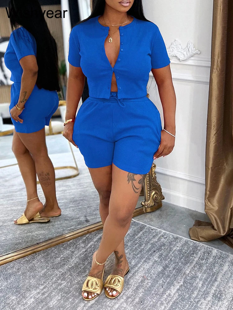 FZ Women's Casual Two Piece Short Sleeve Rib Hot Shorts Suit