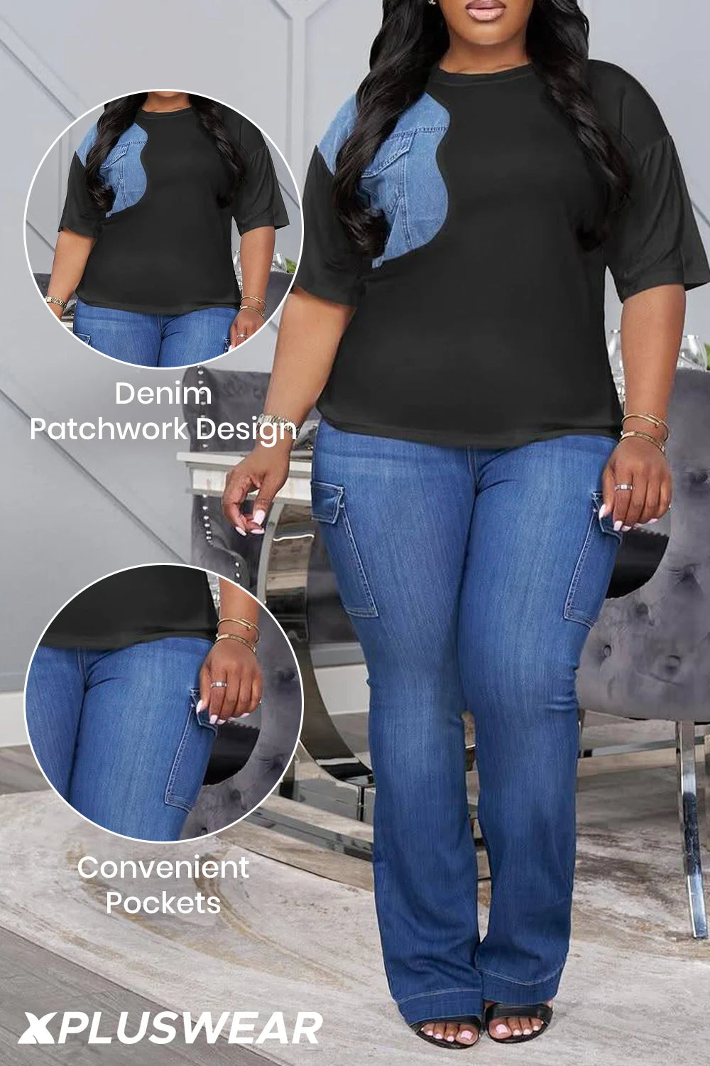 FZ Women's Plus Size Round Neck Short Sleeve Two Piece Denim Pant Suit
