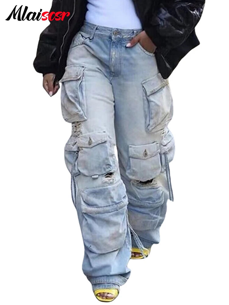 FZ Women's Multi Pockets Wide Legs Washed Street Vintage Denim Pants