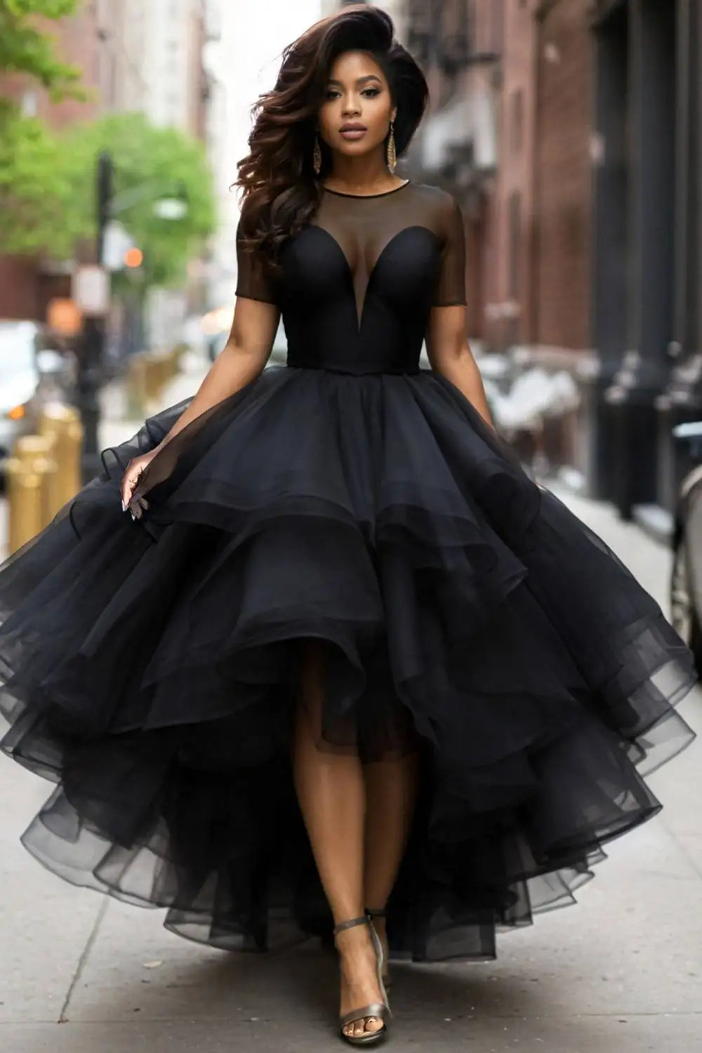 FZ Women's Plus Size Mesh Round Neck Short Sleeve High Low Hem Maxi Dress