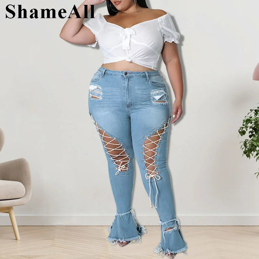 Plus Size Streetwear Lace Up Sexy Ripped Skinny Black Flare Jeans 4XL Woman Club Party High Waisted Stretchy Denim Bell Bottom FZwear