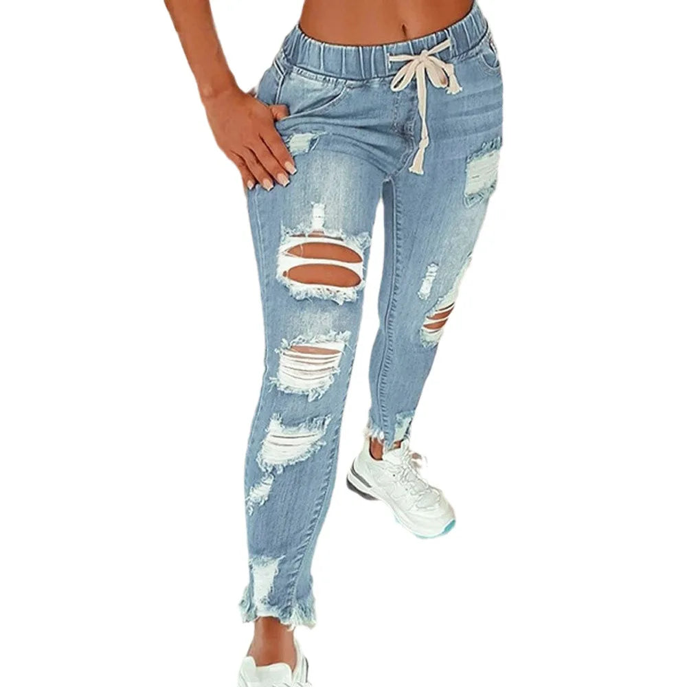 FZ Women's Stretch High Waist Ripped Hole Washed Skinny Pencil Denim Pants - FZwear